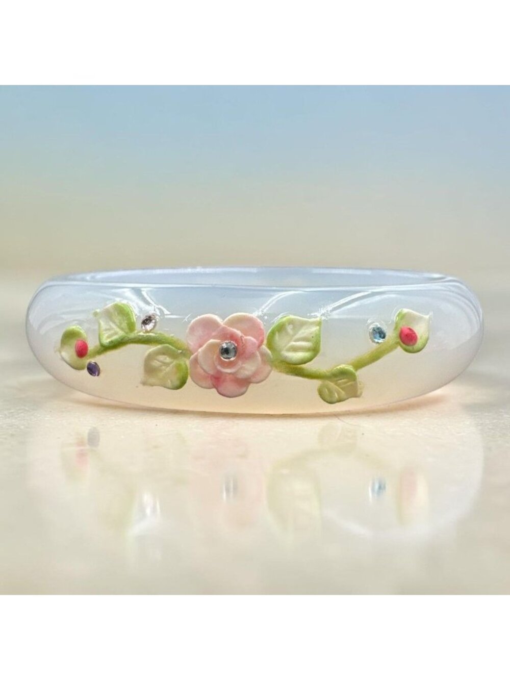 Translucent Agate Bangle Bracelet with 3D Flower Vine Rose Motif and Rhinestones